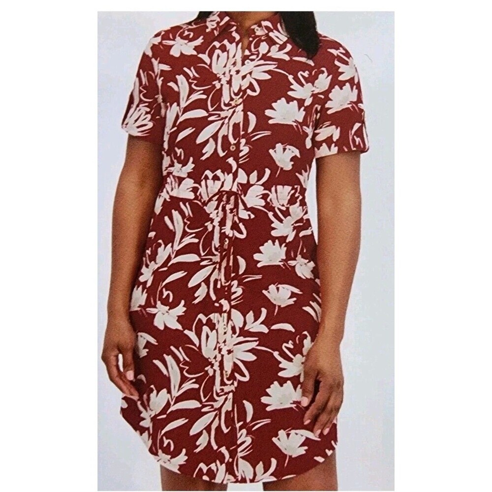 Halston Women's Pink & Cream Floral Shirt Dress Cinches at the Waist Size L